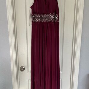 Elegant Burgundy Beaded Waist Evening Gown